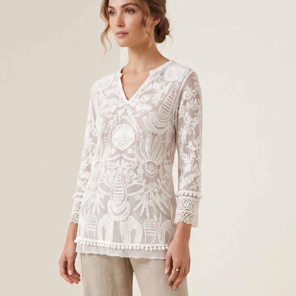 Kobi Halperin XS White Lace Mesh Embroidered V-Neck Tunic Blouse Top Cotton